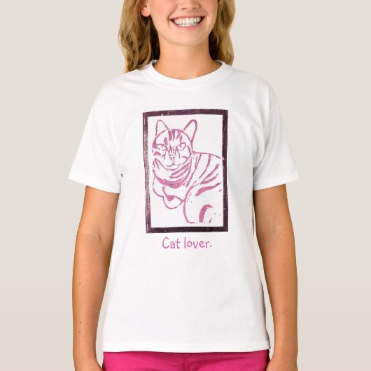 T-shirt Impression de chat rayé rose et blanc dans le cadr (Devant)