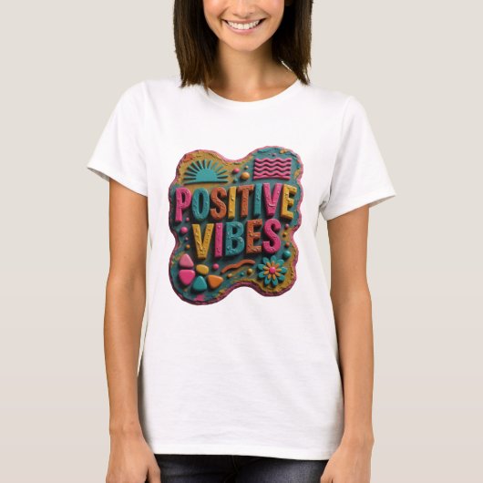 T-shirt Impression VIBES POSITIVES Jaune Élégante (Devant)