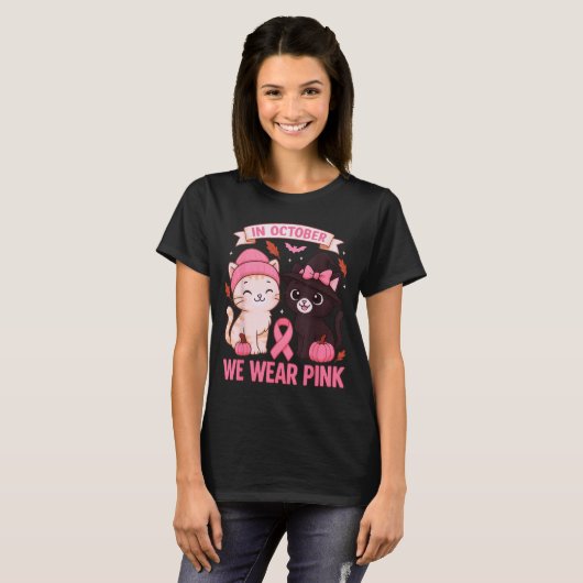 T-shirt In October We Wear Nk Cute Cat Breast Cancer Aware (Devant entier)