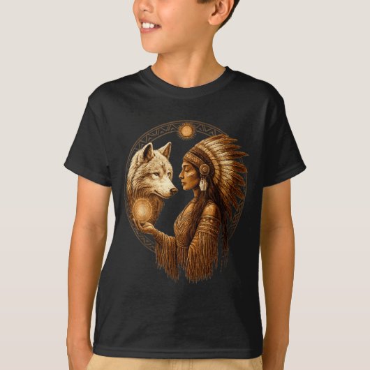 T-shirt Indian Native American Woman With White Wolf Vinta (Devant)