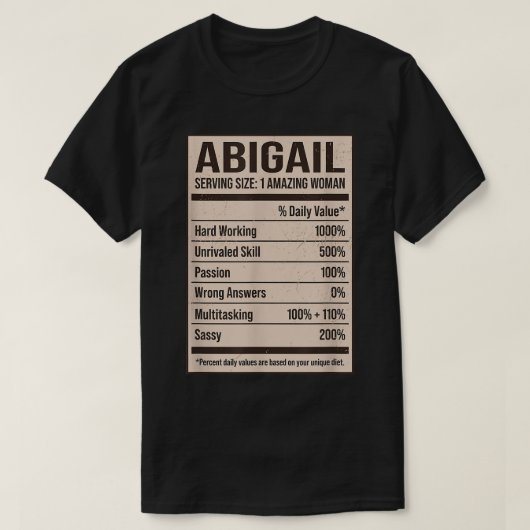 T-shirt Indication nutritionnelle Abigail Nom Pseudo Alias (Design devant)