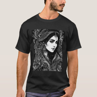 T-shirt Indien Noir Et Blanc Avec Motif Floral
