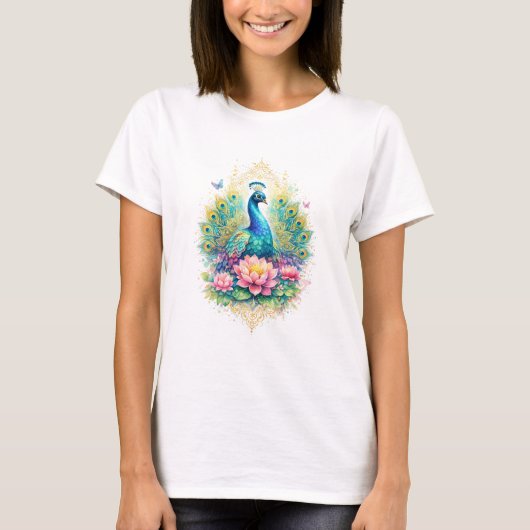T-shirt Indischer Frühling - Pfau mit Lotus & Gold (Devant)