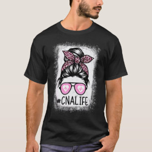 T-shirt Infirmière Cna Vie Décolorée Rose Léopard Chignon