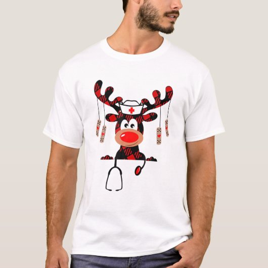 T-shirt Infirmière Cute Red Plaid Reindeer Porte Stethosco (Devant)