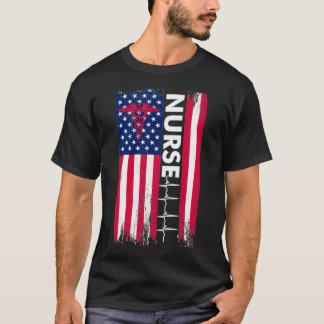 T-shirt Infirmière drapeau Heartbeat Line USA American Her