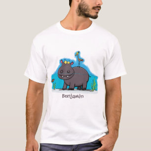 T-shirt Ippopotame drôle mignon avec dessin animé d'oiseau