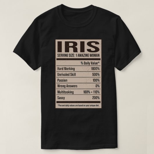 T-shirt Iris Nutrition Facts Nom Pseudo Alias Titre Fri (Design devant)