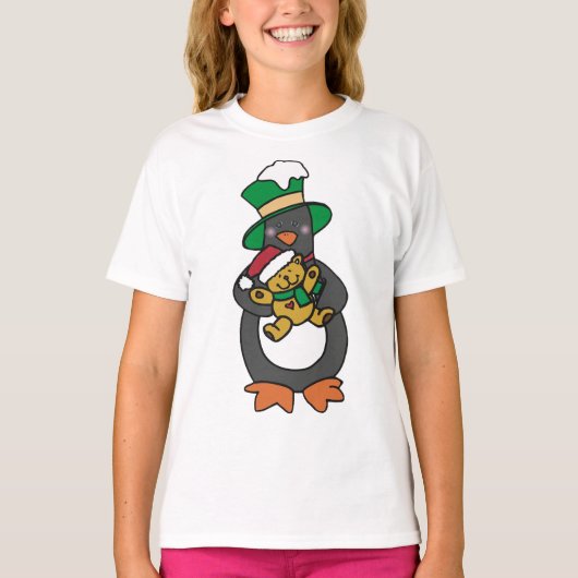 T-shirt Irish Penguin Holding Christmas Teddy Bear (Devant)