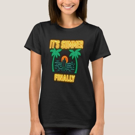 T-shirt It’s Summer Finally | Neon Palm Trees and Surfer (Devant)