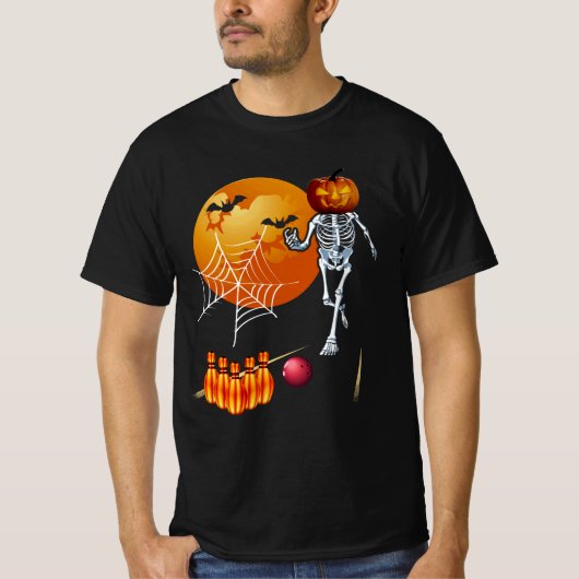 T-shirt Jack-o'-lantern Citrouille Skeleton Jouer Bowling (Devant)