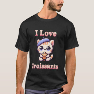 T-shirt J'adore Croissants Mignon Chat Kawaii Béret França
