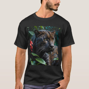 T-shirt Jaguar mélaniste dans la jungle Fleurs rouges