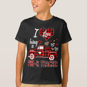 T-shirt J'aime être enseignant pré-K Coeurs de camion roug