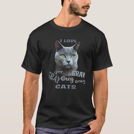T-shirt J'Aime Gris, Gris, Gris Chats Russe Bleu Cute Chat (Devant)
