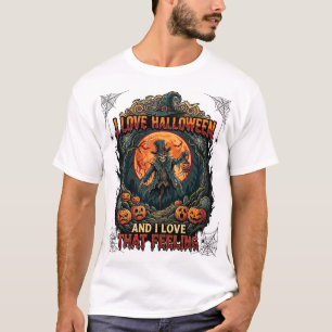 T-shirt J'aime Halloween Squelette Épouvantail Pleine Lune