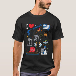 T-shirt J'aime la Grèce Dessinée à la Main Drapeaux et Li