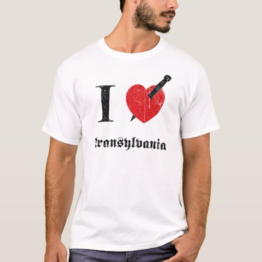 T-shirt J'aime la Transylvanie (la police érodée par noir) (Devant)