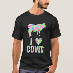 T-shirt J'aime les vaches motif fleurs colorées cœur vache