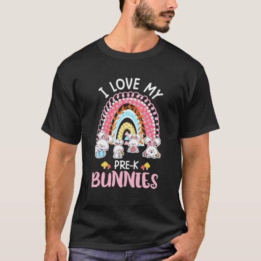 T-shirt J'aime mes lapins Pré K Rainbow Easter Enseignant (Devant)