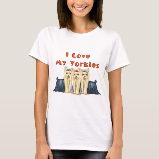 T-SHIRT J'AIME MES YORKIES TROIS TERRIERS DE YORKSHIRE (Devant)