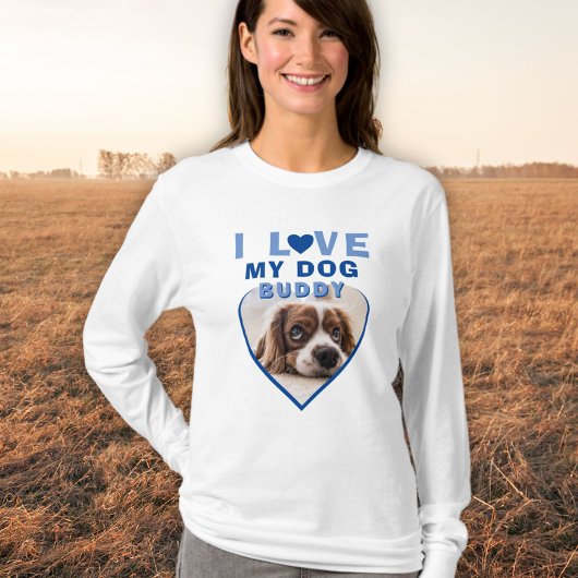 T-shirt J'aime mon chien Blue Heart Photo Nom de l'animal