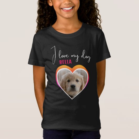 T-Shirt J'aime mon chien Coeur animal Nom photo Black Girl (Devant)