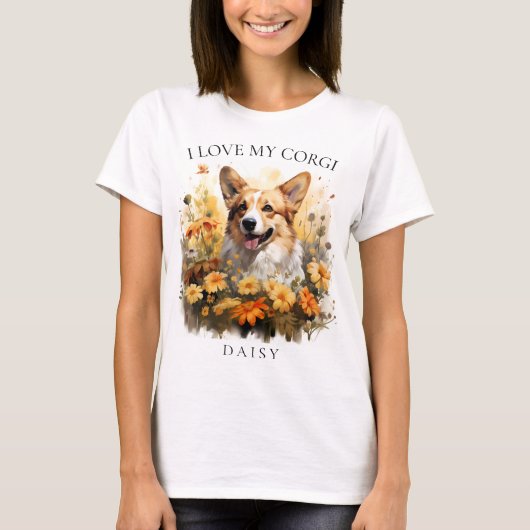 T-shirt J'Aime Mon Corgi Floral Chien Portrait (Devant)
