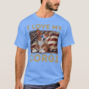 T-shirt J'Aime Mon Corgi Papa Maman Drapeau Américain Corg