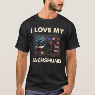 T-shirt J'aime mon Dachshund Papa Maman Américain Drapeau