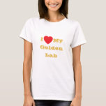 T-shirt J'aime mon Golden Yellow Lab<br><div class="desc">Chemise en T classique pour femmes en couleur blanche et texte en couleur jaune doré et décontractée marque de mode imprimé avec phrase de texte modèle personnalisable I ♥️ My Golden Yellow Lab sur Casquettes, chemises et produits pour animaux de compagnie par TheFabricSeal impression sur demande shop à Zazzle.com #ZazzleMade...</div>