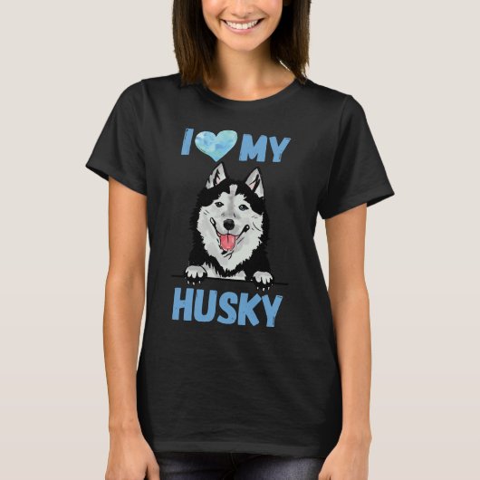 T-shirt J'Aime Mon Husky ! Aquarelle Art original (Devant)