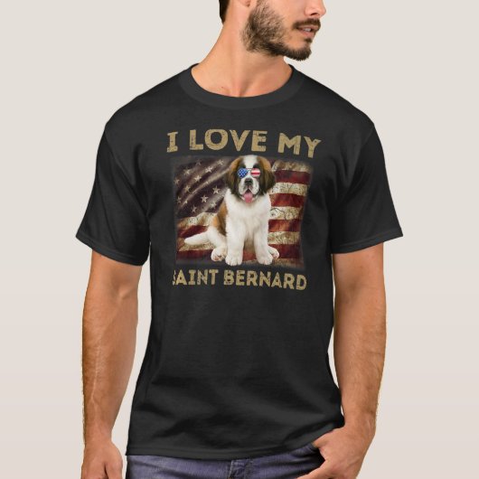 T-shirt J'aime mon Saint Bernard Papa maman Drapeau améric (Devant)