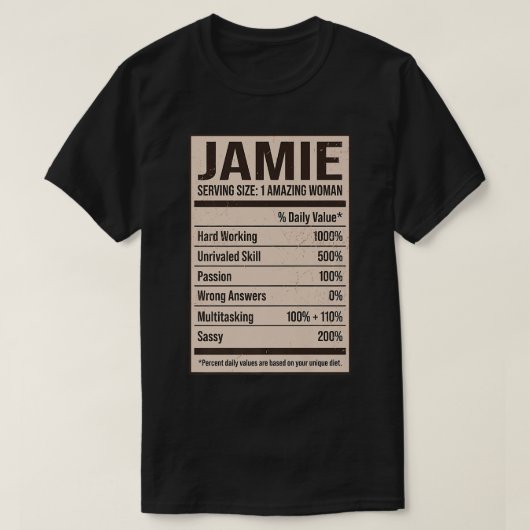 T-shirt Jamie Nutrition Facts Nom Pseudo Alias Titre Fr (Design devant)