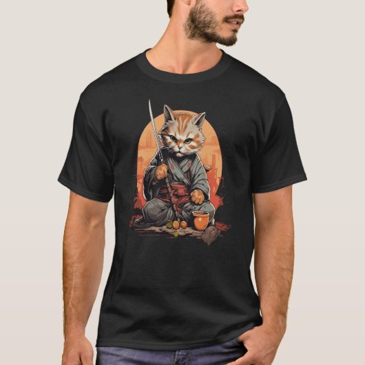 T-shirt Japanese anime kawaii cat samurai ninja drinking t (Devant)