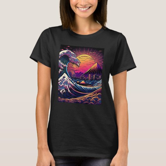 T-shirt Japanese Art Ukiyo-e Style Retrowave Great Wave Of (Devant)