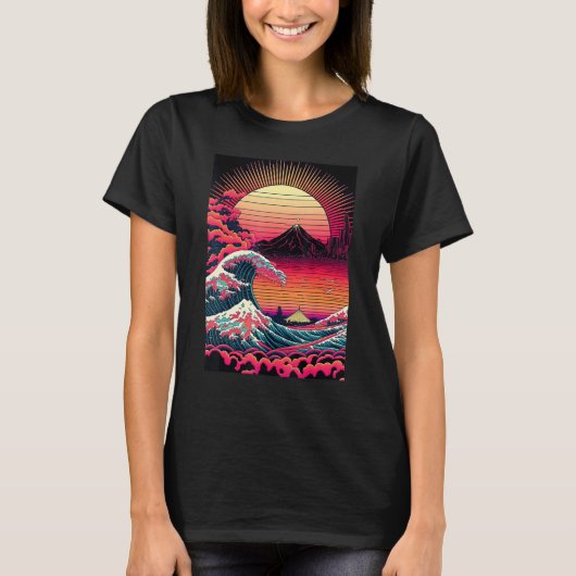 T-shirt Japanese Art Ukiyo-e Style Retrowave Great Wave Of (Devant)