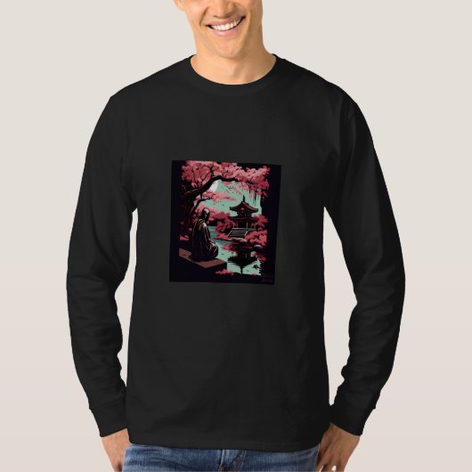 T-shirt Japanese Cherry blossom garden with monk praying t (Devant)