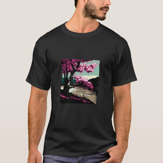 T-shirt Japanese Cherry blossom next to a lake painting (Devant)