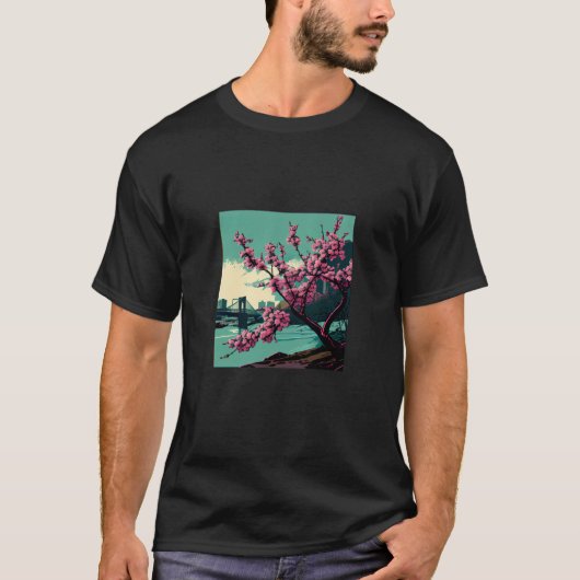 T-shirt Japanese Cherry Blossom tree river suspension brid (Devant)