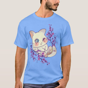 T-shirt Japanese Cherry Sakura Tree Kawaii Kitten Flower B