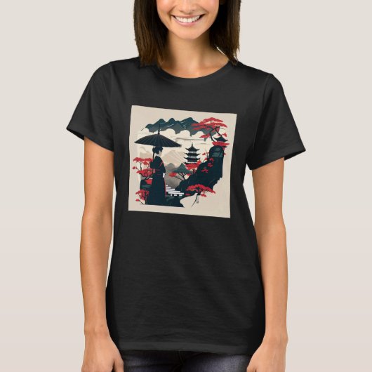 T-shirt Japanese classic lady with umbrella looking at cas (Devant)
