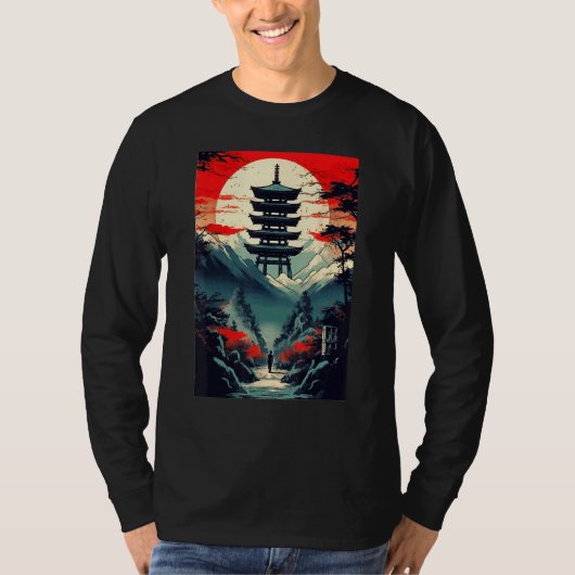 T-shirt Japanese Landscape Mountains Valley Tower Sunset (Devant)