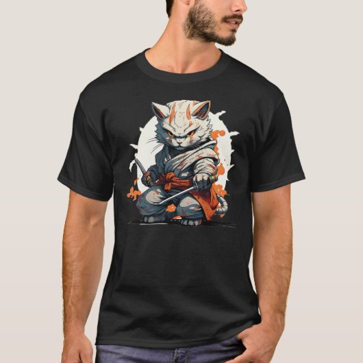 T-shirt Japanese Ninja Cat Warrior Battle Pose Kawaii (Devant)