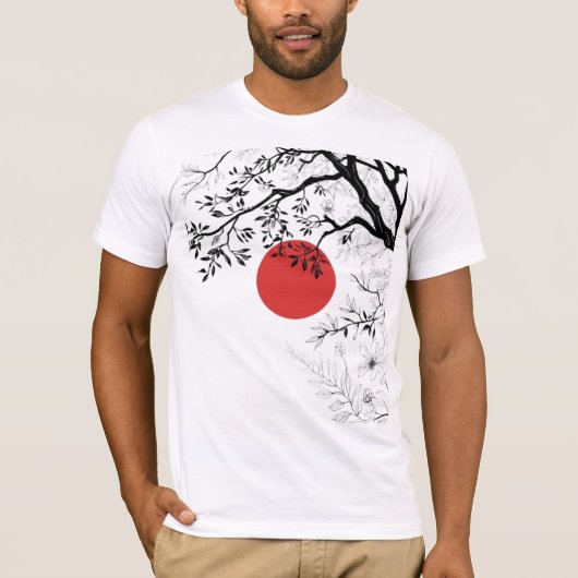 T-shirt Japanese Red Sun & Brush Tree Art (Devant)
