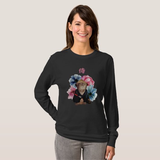 T-shirt Japanese Samurai Cat Watercolor Flowers (Devant entier)