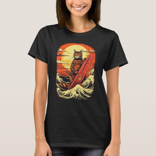 T-shirt Japanese Samurai Cat with wave & mountain Illustra (Devant)