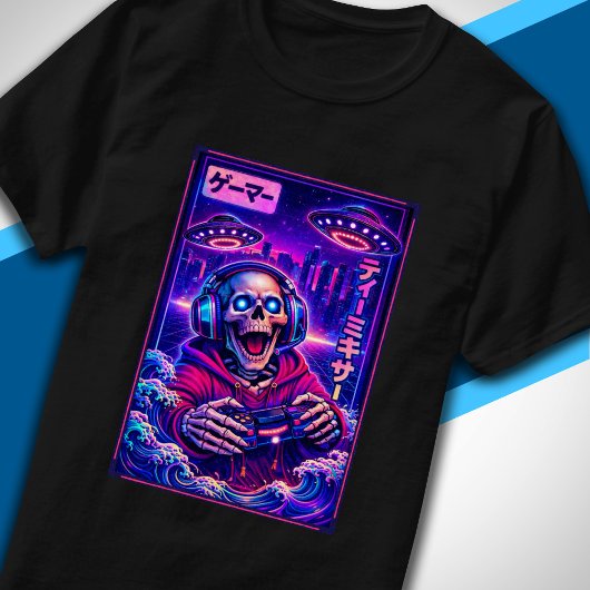 T-shirt Japanese Synthwave Sci Fi UFO Skeleton Cool Gamer