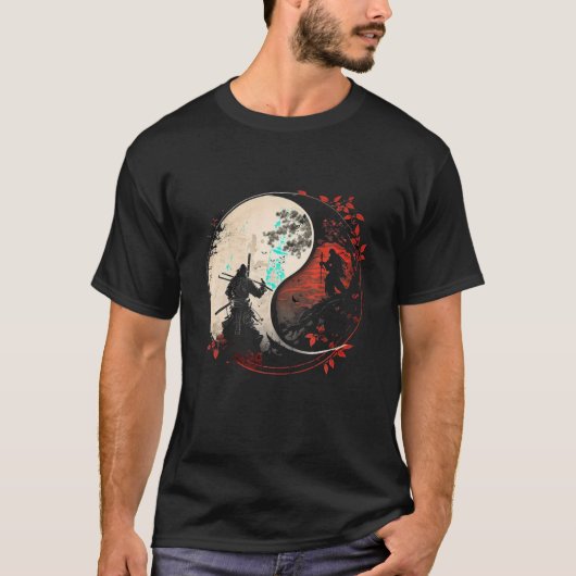 T-shirt Japon Masque Anime Kitsune Samurai Ying Yang Retro (Devant)
