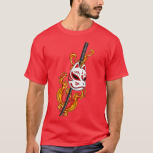 T-shirt Japon Masque Anime Kitsune Style feu Samurai